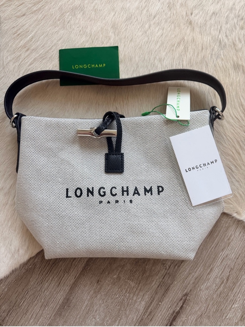 Longchamp Women's Canvas Shoulder Bag in White and Black